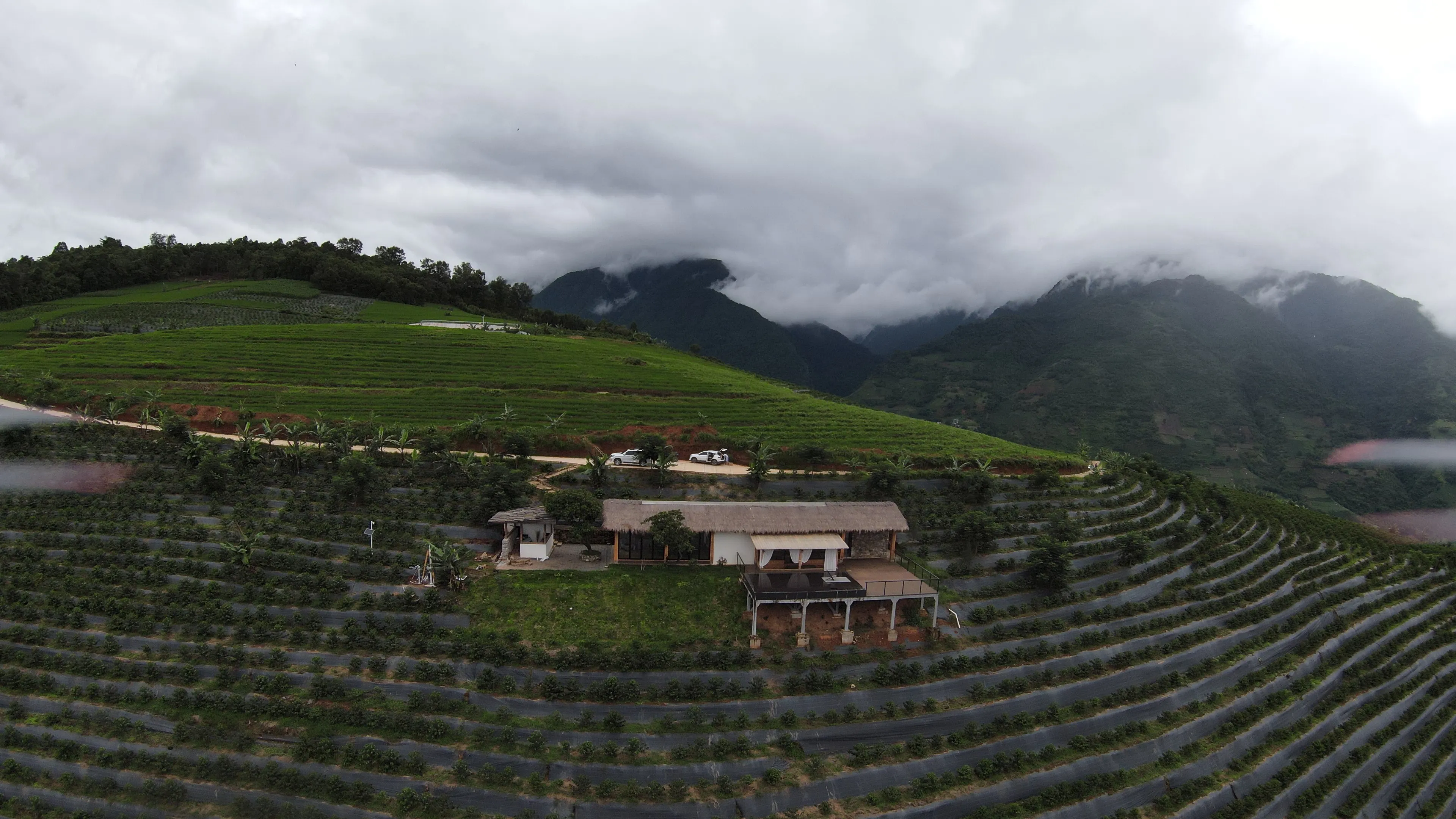 Terraced green plantings below cloud-covered mountains in Nujiang.